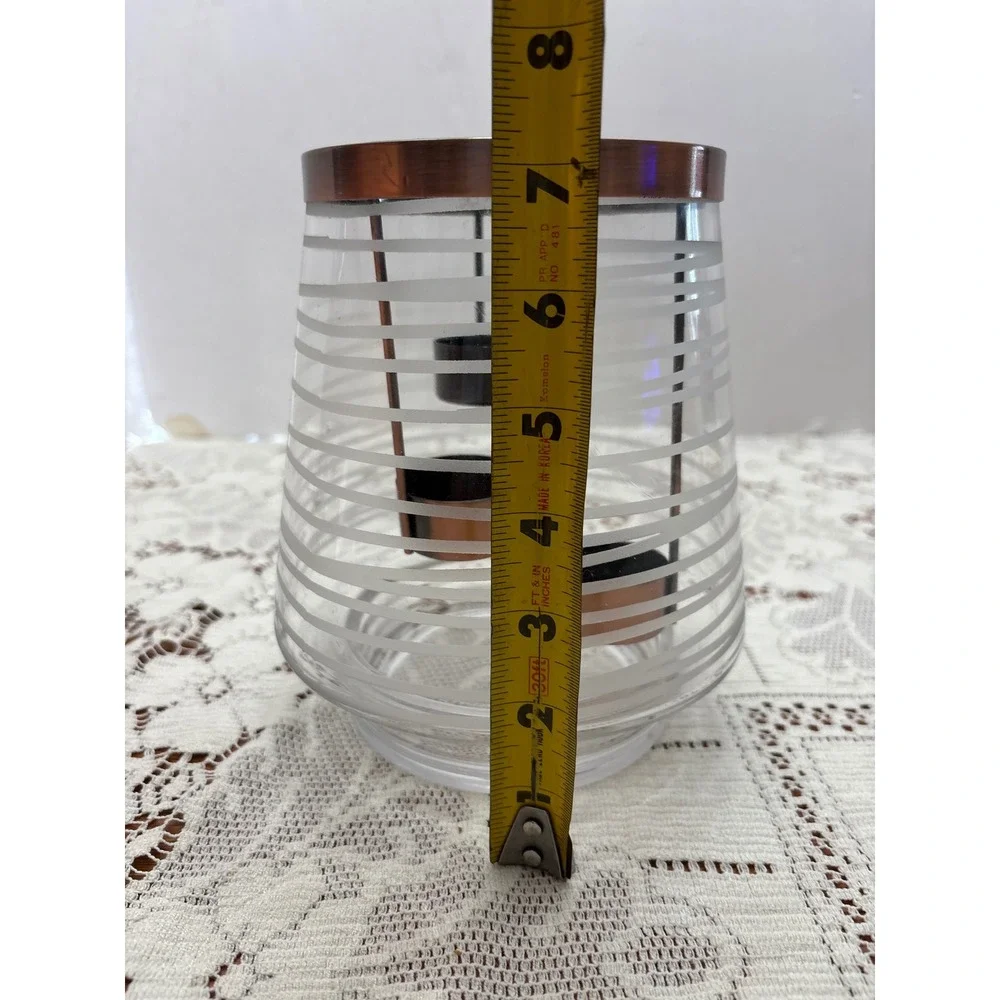 Frosted Stripe Glass‎ Hurricane Candle Holder with 3 Tea Light Copper Insert 7